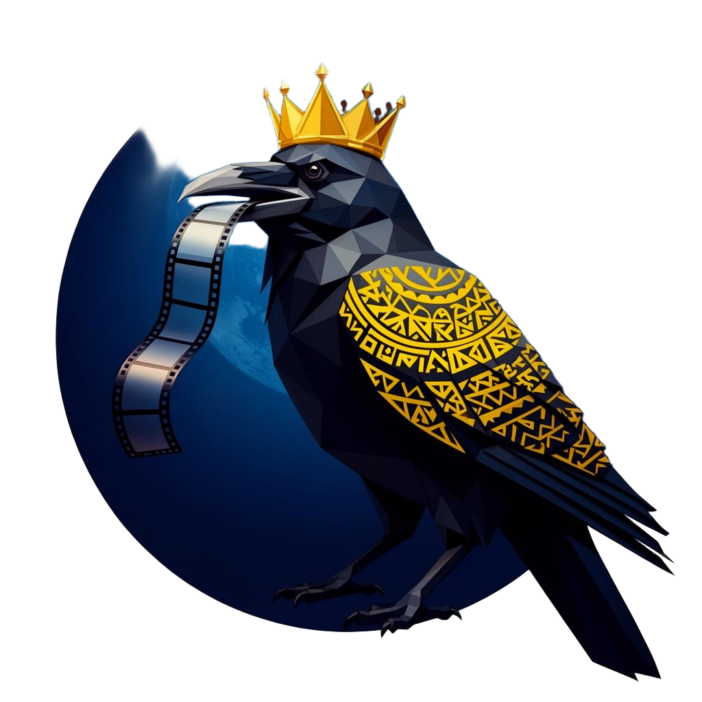 Omli Short Film Festival crow mascot wearing crown holding a film reel